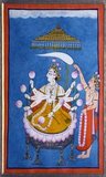 Vishnu (Sanskrit विष्णु Viṣṇu) is the Supreme god in the Vaishnavite tradition of Hinduism. Smarta followers of Adi Shankara, among others, venerate Vishnu as one of the five primary forms of God.<br/><br/>

The Vishnu Sahasranama declares Vishnu as Paramatma (supreme soul) and Parameshwara (supreme God). It describes Vishnu as the All-Pervading essence of all beings, the master of - and beyond - the past, present and future, one who supports, sustains and governs the Universe and originates and develops all elements within. Vishnu governs the aspect of preservation and sustenance of the universe, so he is called 'Preserver of the Universe'.<br/><br/>

In the Puranas, Vishnu is described as having the divine colour of water filled clouds, four-armed, holding a lotus, mace, conch (shankha) and chakra (wheel). Vishnu is also described in the Bhagavad Gita as having a 'Universal Form' (Vishvarupa) which is beyond the ordinary limits of human perception or imagination.<br/><br/> 

Pahari painting (literal meaning 'a painting from the mountainous regions', pahar meaning 'mountain' in Hindi) is an umbrella term used for a form of Indian painting, originating from Himalayan Hill kingdoms of North India, during 17th-19th century. Notably Basohli, Mankot, Nurpur, Chamba, Kangra, Guler, Mandi, and Garhwal, and was done mostly in miniature forms.