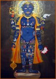 Vishnu (Sanskrit विष्णु Viṣṇu) is the Supreme god in the Vaishnavite tradition of Hinduism. Smarta followers of Adi Shankara, among others, venerate Vishnu as one of the five primary forms of God.<br/><br/>

Vishnu as the Cosmic Man (Vishvarupa)  is portrayed here with four arms, each holding one of his attributes: a conch shell, a lotus flower, a mace and his circular wand, called Sudarshana chakra (meaning 'beautiful disc'). The small figures all over his body refer to his role as the Universal Man who encompasses all of creation: the Vishvarupa (literally 'all forms').