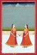 India: Two girls standing on a terrace, clasping hands and holding lotus flowers. Rajput miniature painting, early 19th Century